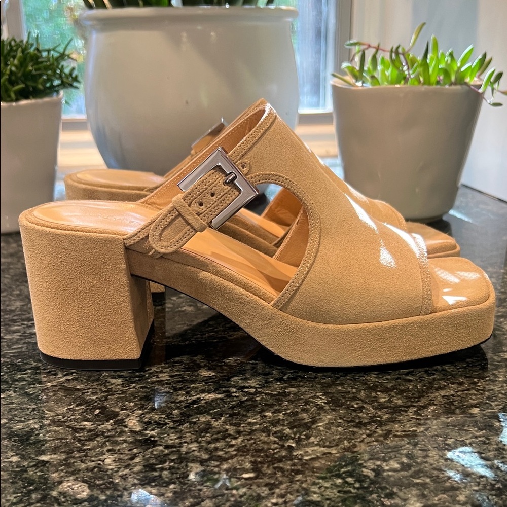 BY FAR Tan Suede Platform Block Heel Sandals Size EU 38/US 8